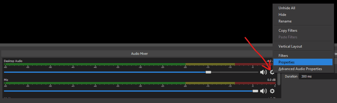 Go to Audio mixer, desktop audio, properties